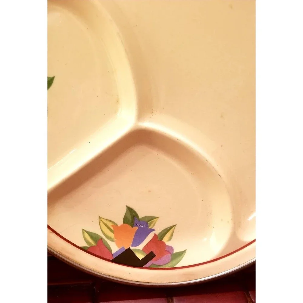Vintage 1930s Child's 3 Compartment Warming Dish With Floral Pattern Farberware